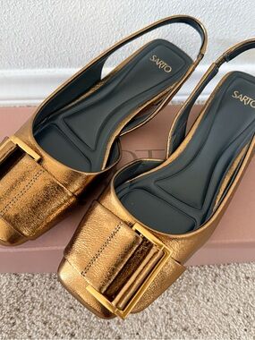 Franco Sarto Metallic Gold Buckle Slingback Flats